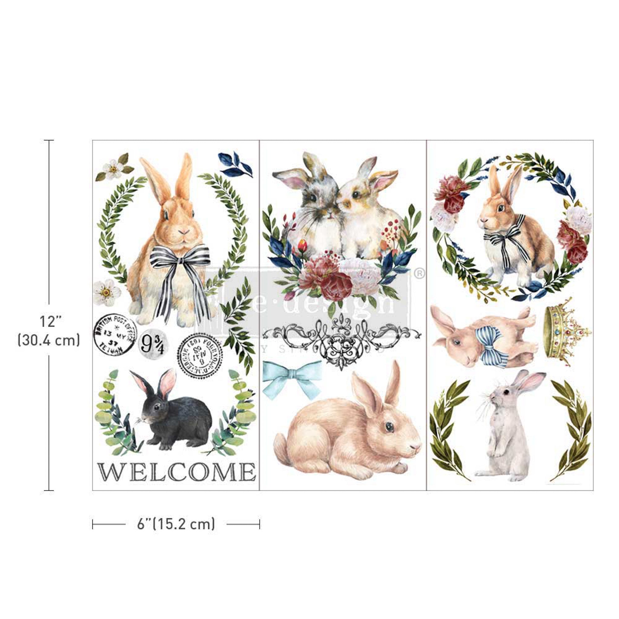 Three sheets of a small rub-on transfer of bunnies and leafy garland wreaths are against a white background. Measurements for 1 sheet reads:  12" [30.4 cm] by 6" [15.2 cm].