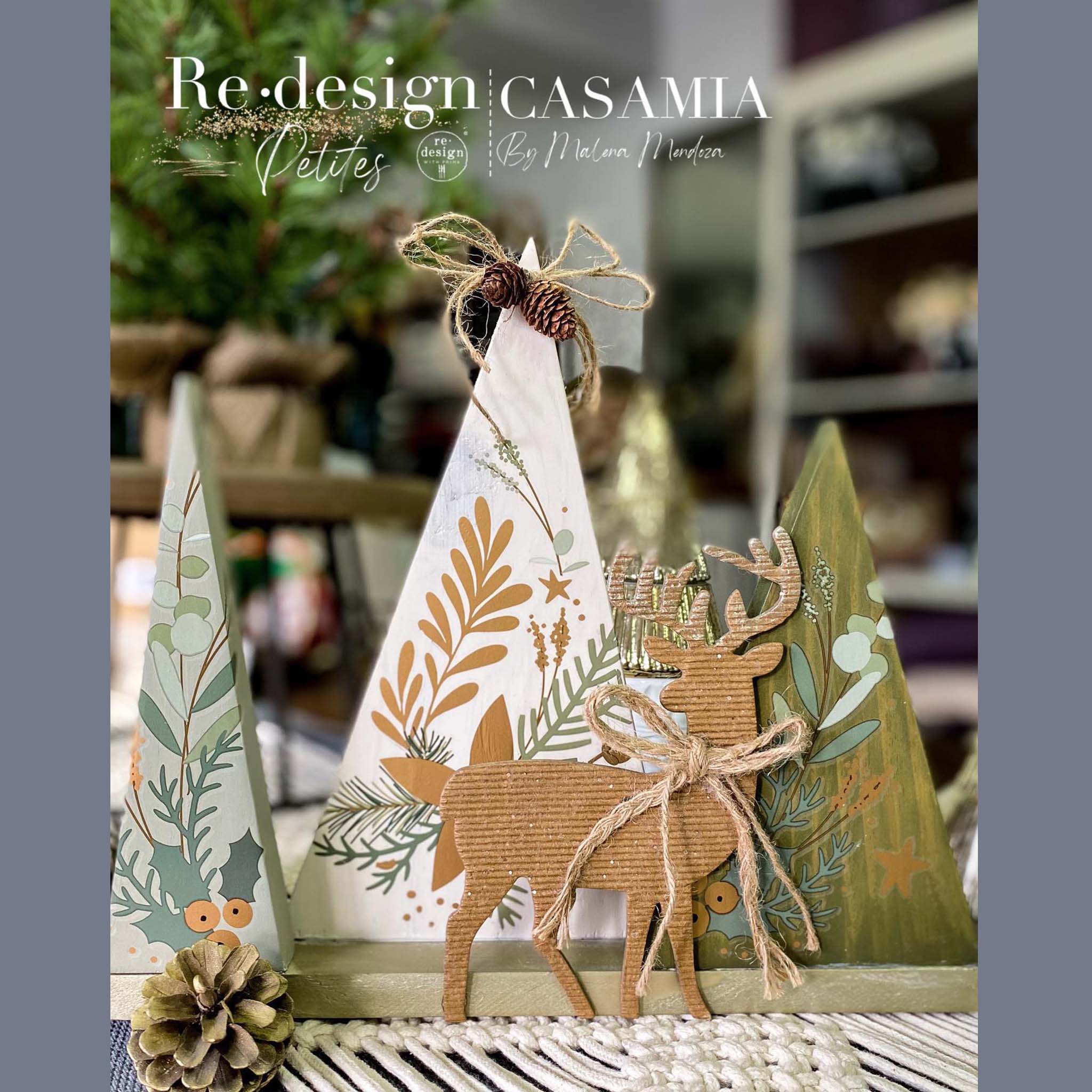 Small Christmas tree wood crafts created by Casamia by Melena Mendoza feature ReDesign with Prima's Holiday Spirit small transfer on them.