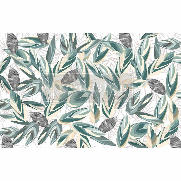 A group of muted green and tan leaves design. A transparent redesign logo is placed in the center.