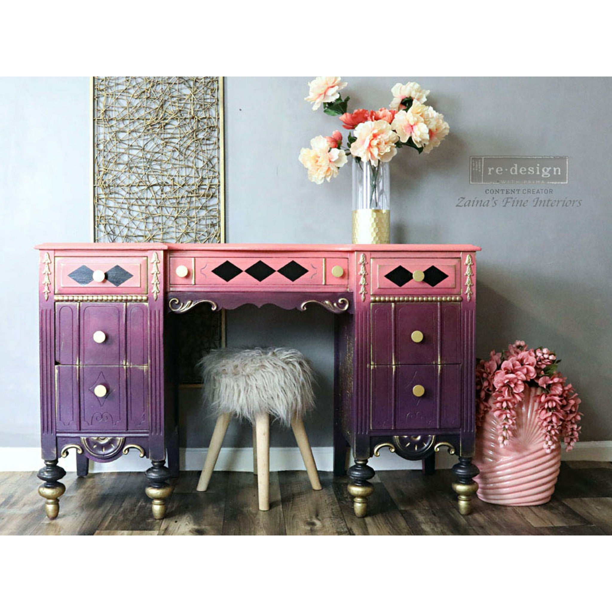 Purple and pink dresser with the Harlequin transfer on top. A Redesign content creator and Zainas Fine Interiors logo on the top right.