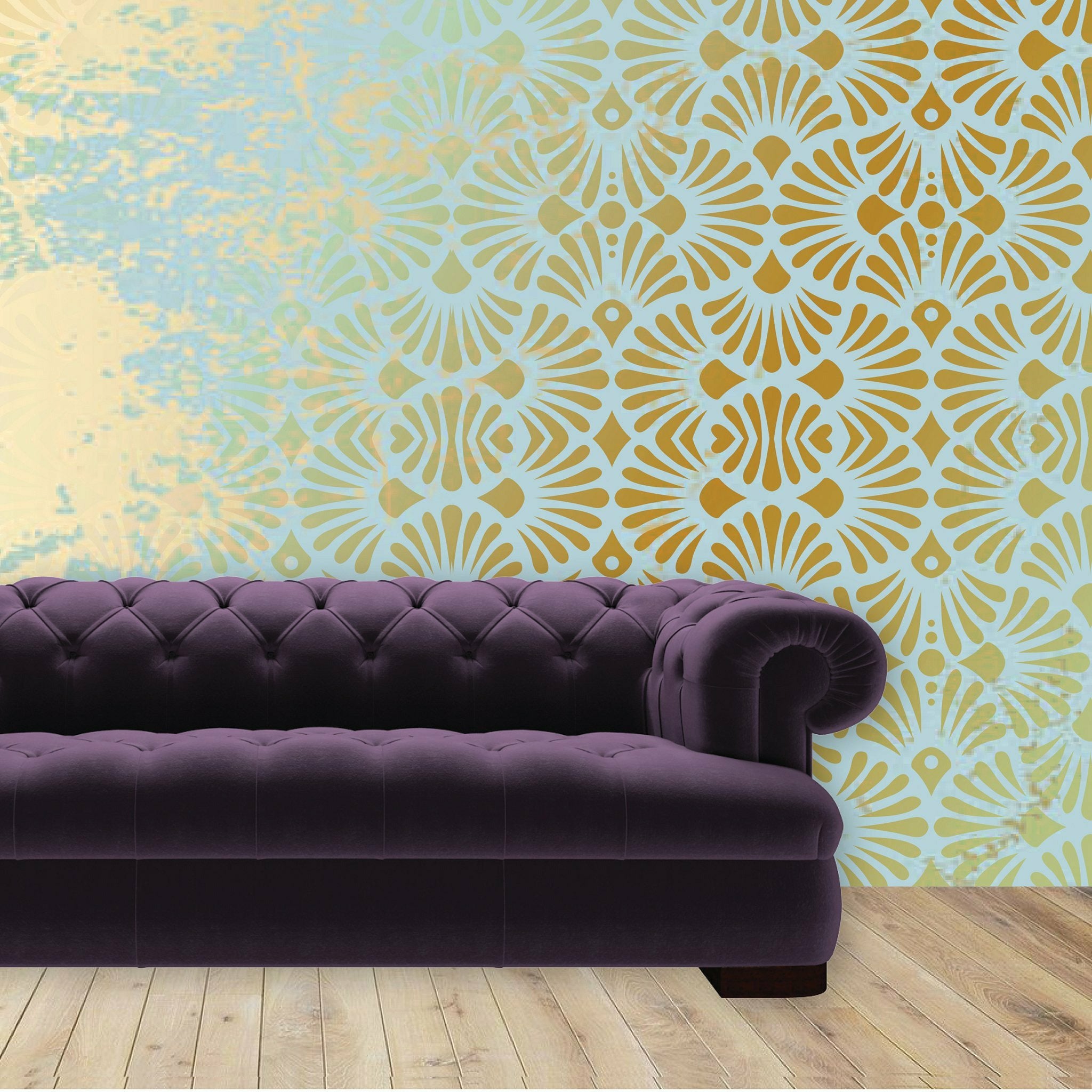 Light blue wall with the repeating fan design of the Modern Deco wall stencil in gold.