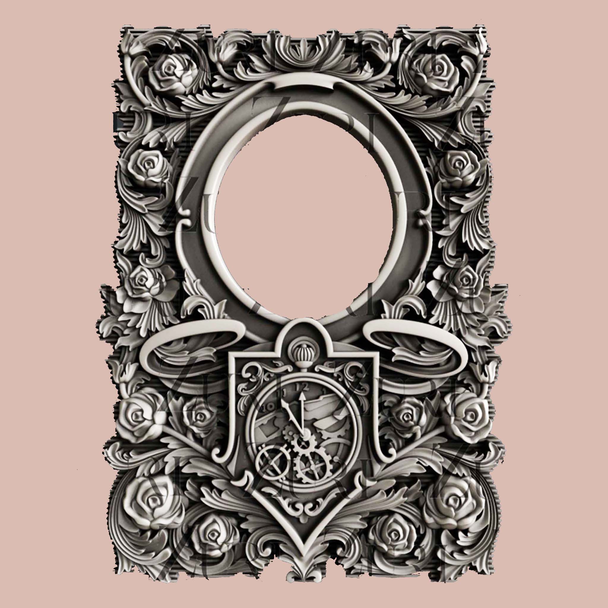 A grey silicone mold casting of an Alice in Wonderland inspired frame with roses and a pocket watch is on a light pink background.