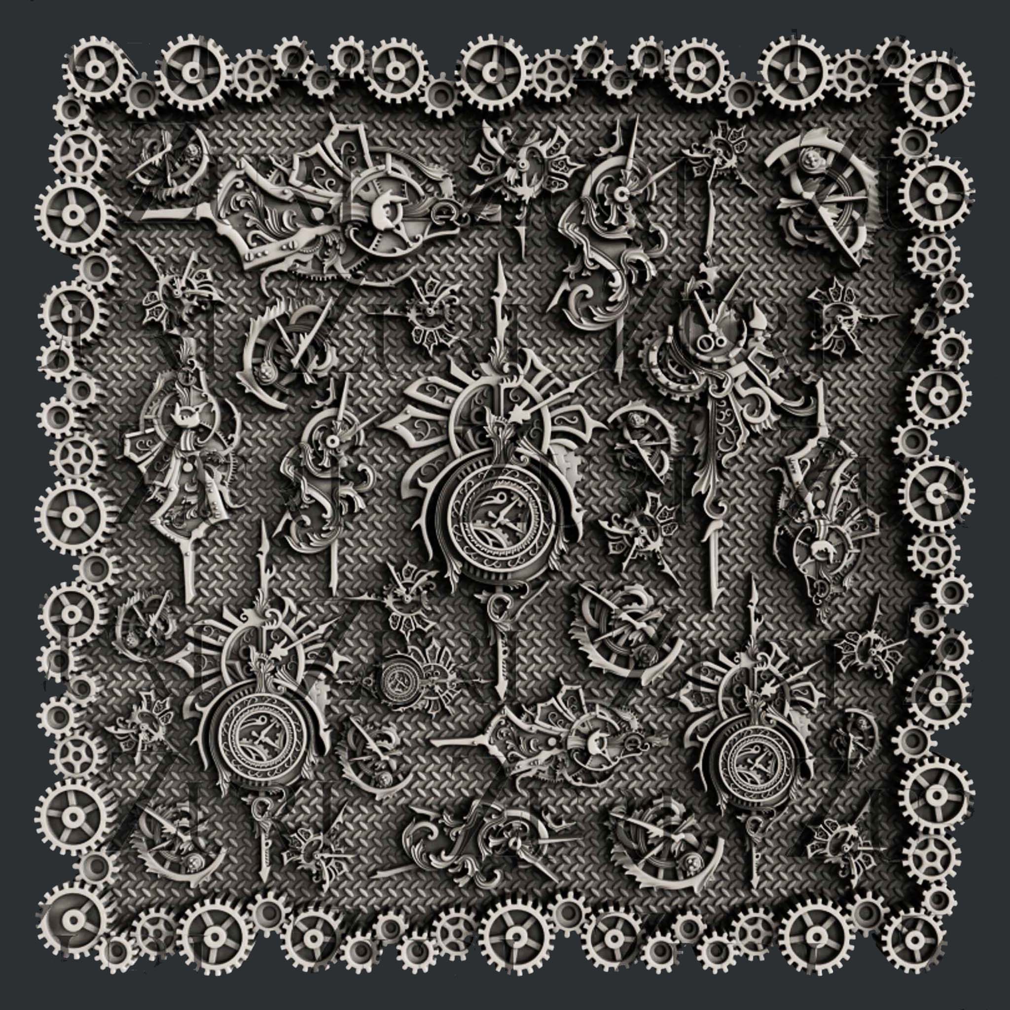 A grey silicone casting of a large square plate filled with steampunk style clocks and outlined with gears is on a dark grey background.