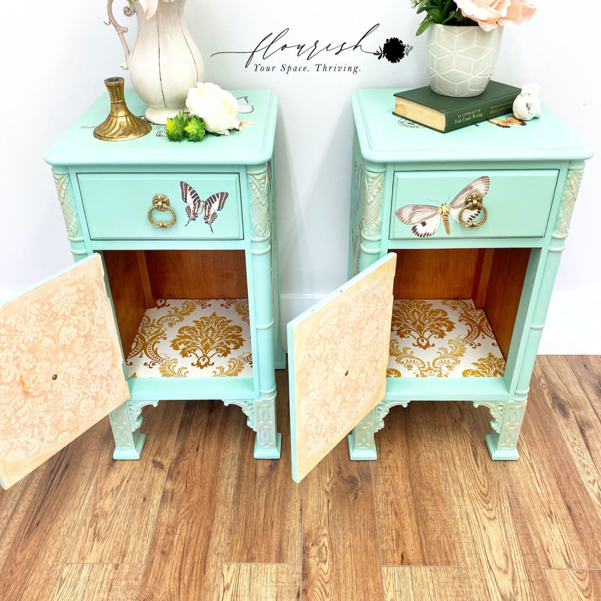 Two vintage night stands with a drawer and storage door refurbished by Flourish Your Space Thriving are painted mint green and feature ReDesign with Prima's Peach Damask tissue paper on the inside of the doors.