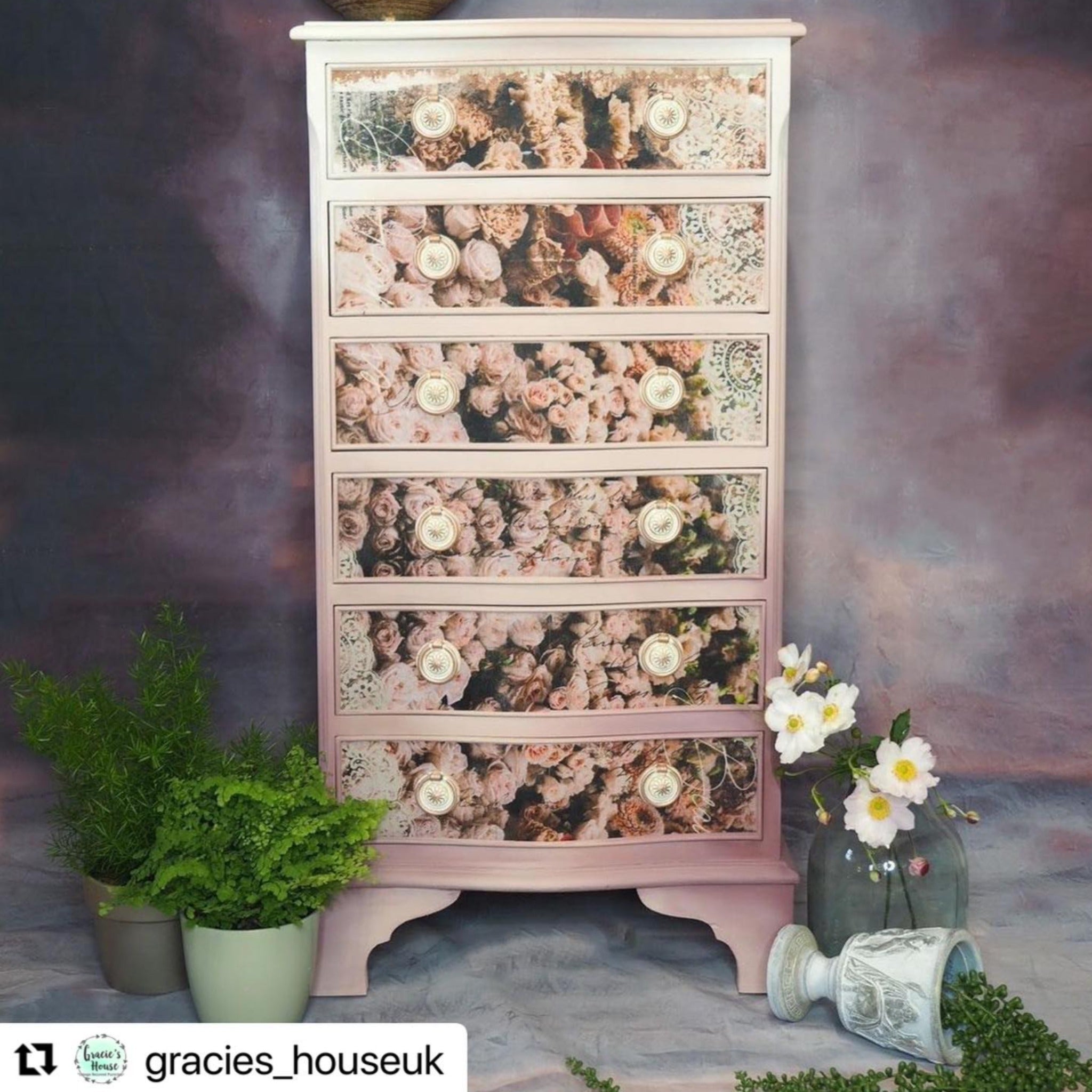 A 6-drawer chest dresser refurbished by Gracie's House is painted pale pink and features ReDesign with Prima's Beautiful Dream tissue paper on its drawers.