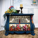 A vintage Bombay style 2-drawer nightstand refurbished by CeCe ReStyled is painted blue and features ReDesign with Prima's Poppy Gardens transfer on its bottom drawer and on the sides.