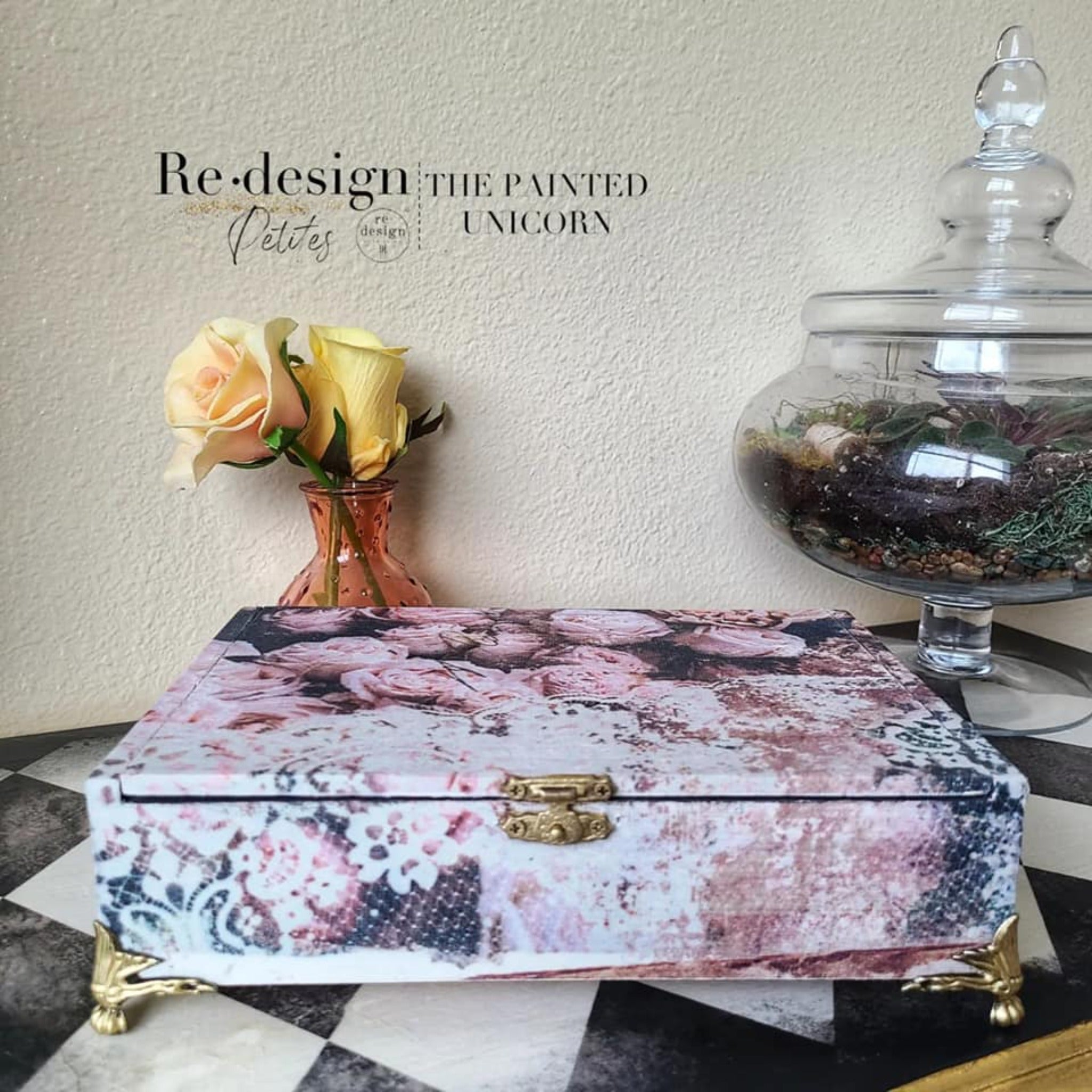 A small table top jewelry box refurbished by The Painted Unicorn features ReDesign with Prima's Beautiful Dream tissue paper all over it.
