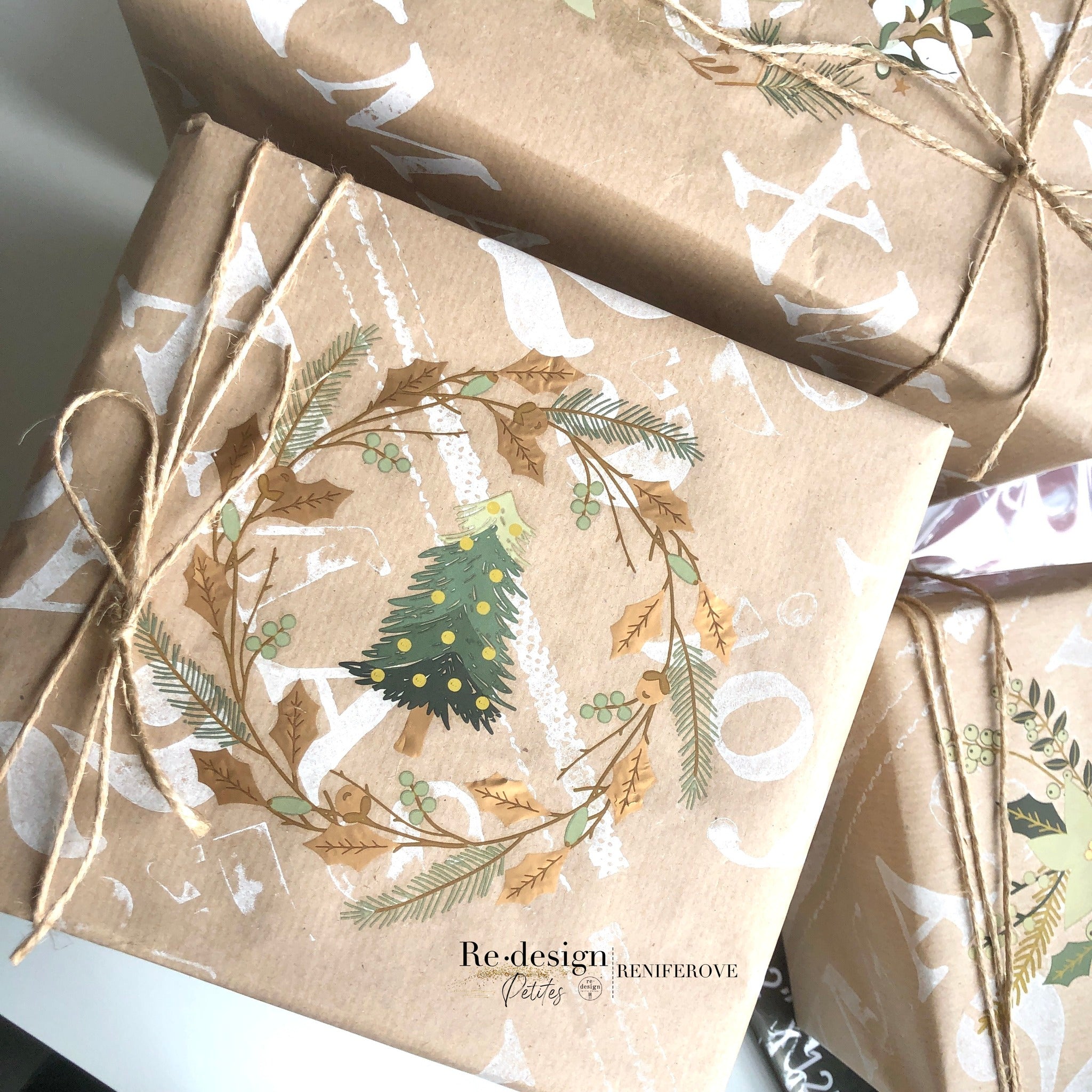 Brown paper wrapped gifts created by Reniferove features ReDesign with Prima's Holiday Spirit small transfers on them.