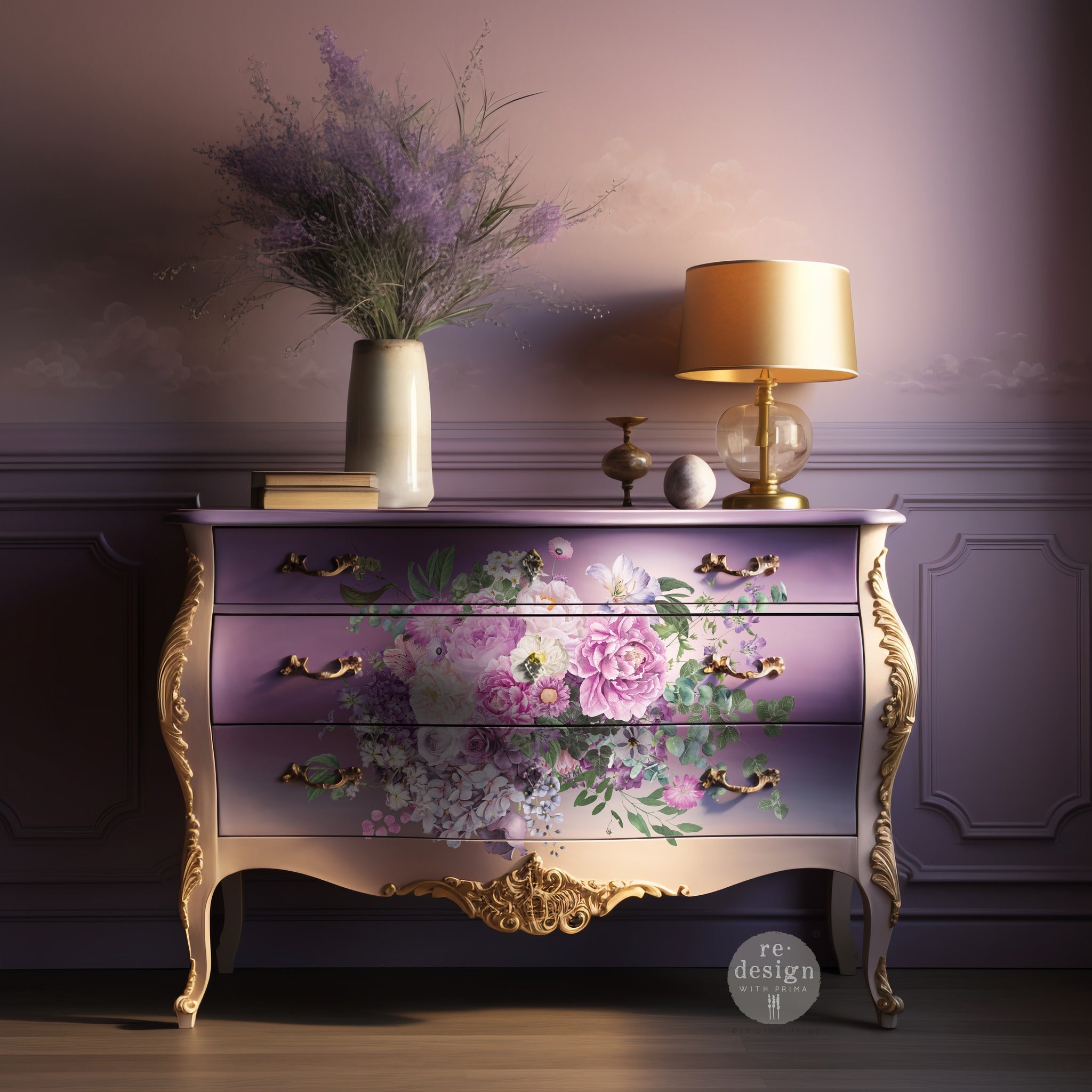 A vintage 3 drawer dresser is painted lavender with golden yellow and features ReDesign with Prima's Kacha Morning Purple transfer on the center of its drawers. 