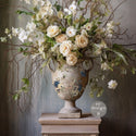 A vintage vase full of white roses and flowers features ReDesign with Prima's Wild Garden Small H2O transfer on it.