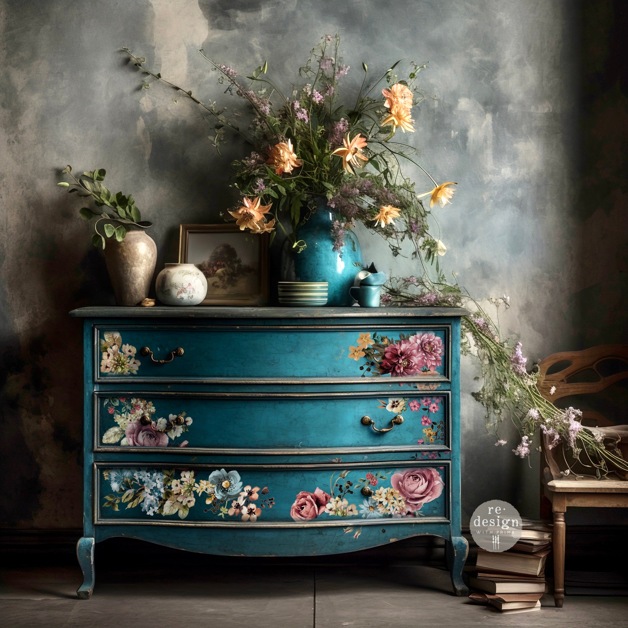 A vintage 3-drawer dresser is painted in rich teal and features ReDesign with Prima's Ruby Rose rub-on transfer on its drawers.