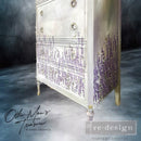 A vintage tall chest dresser refurbished by Other Man's Treasure is painted pale yellow and features ReDesign with Prima's Champs de Lavende transfer around the bottom.