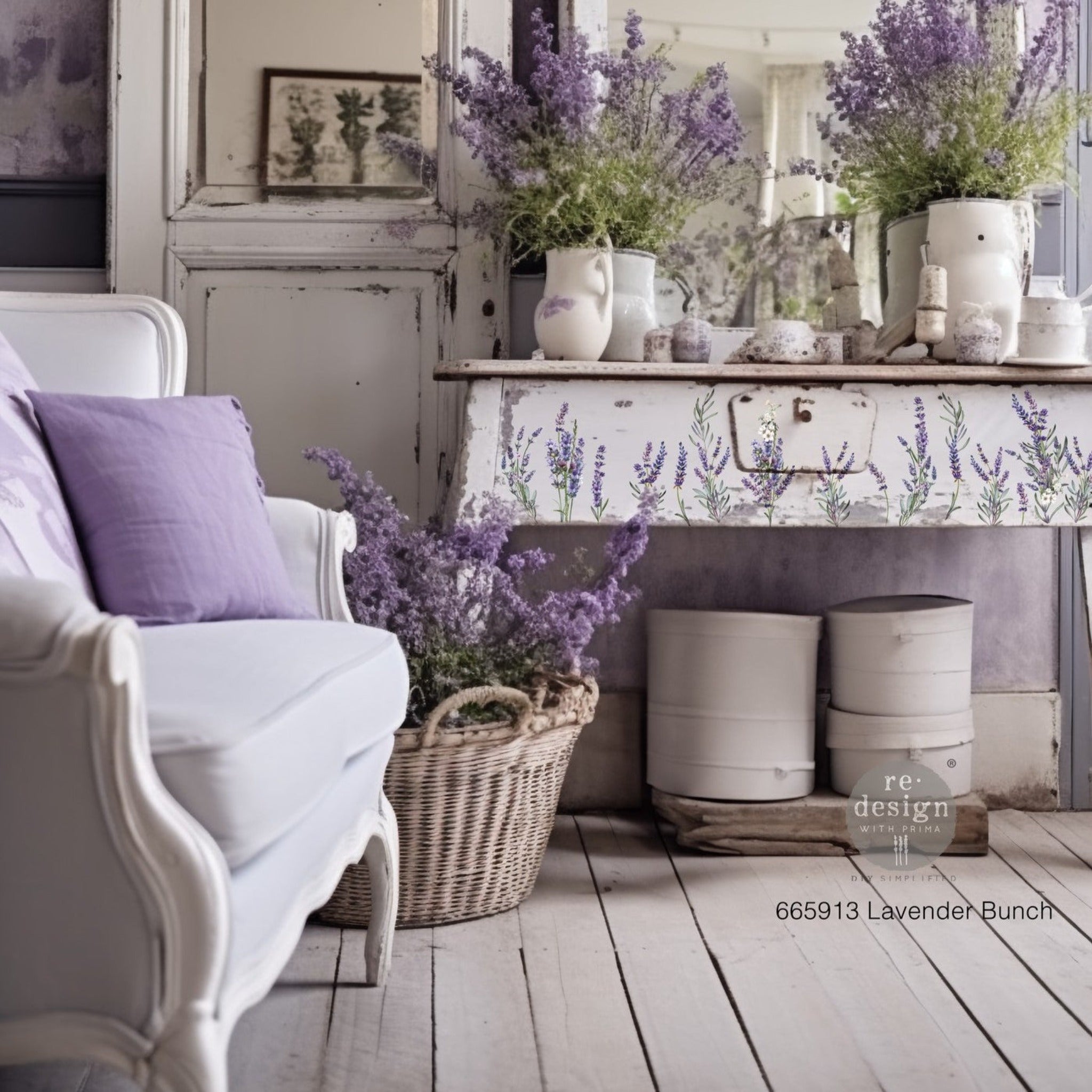 A white decor table features ReDesign with Prima's Lavender Bunch small transfer on the front panel.