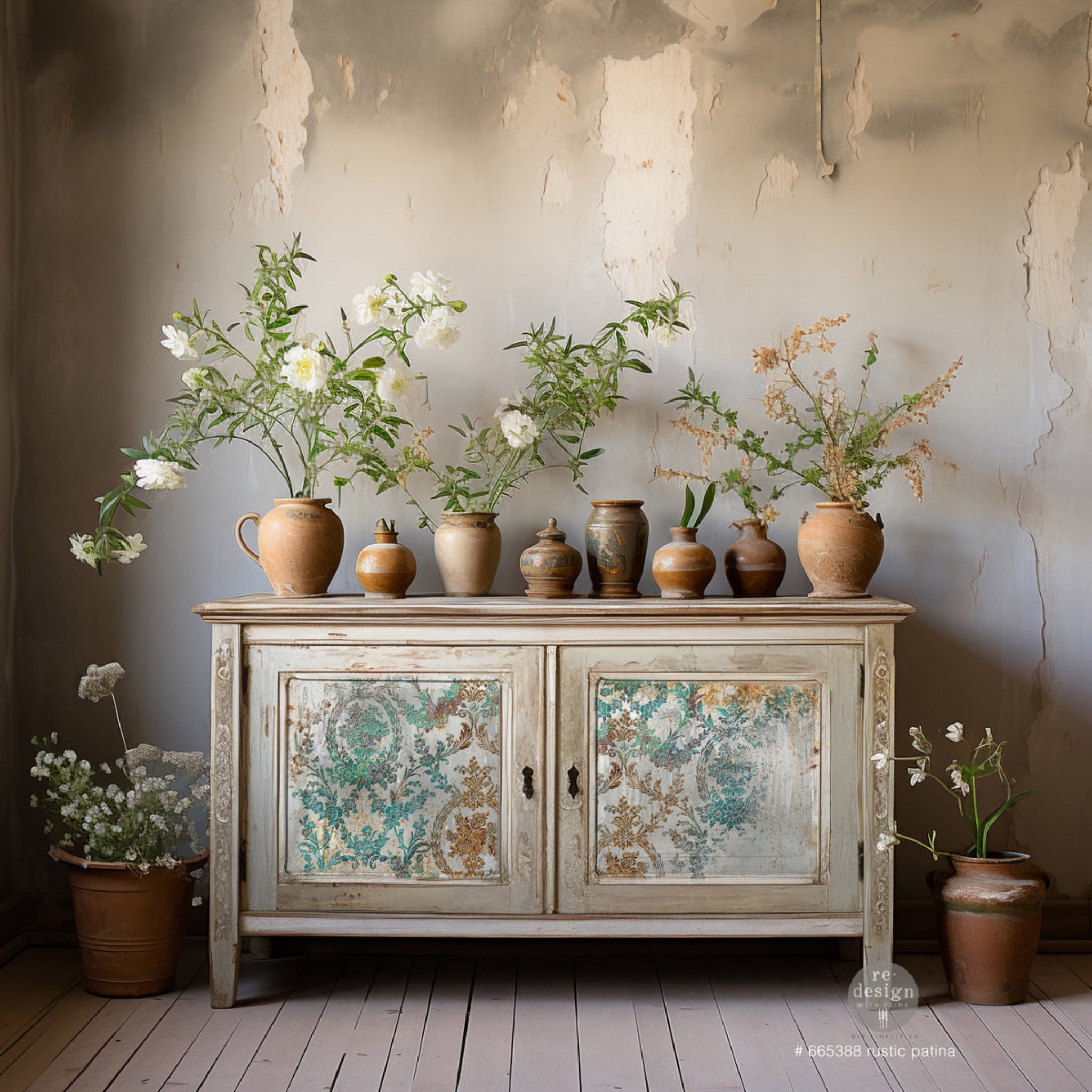 A small console table with storage is a blended light and dark beige and features ReDesign with Prima's Rustic Patina tissue paper on its 2 door inlays.