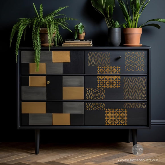 A mid-century modern dresser is painted black and features ReDesign with Prima's Motif Geometrique small transfer on its 3 left side drawers.