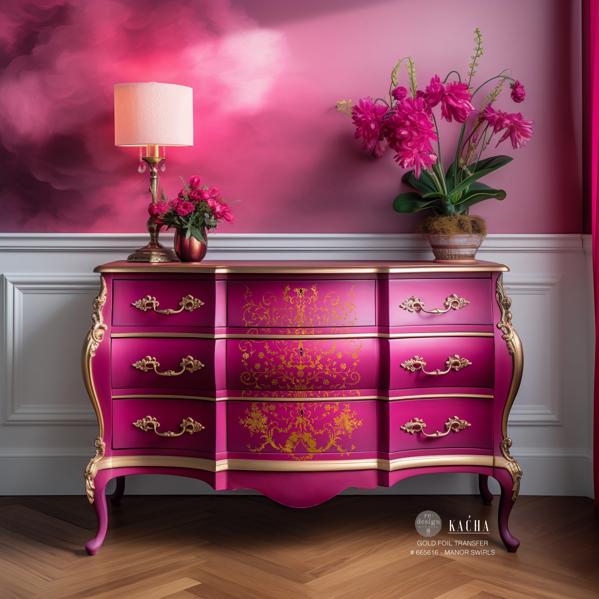 A large 9-drawer Bombay style dresser refurbished by Kacha is painted a rich pink with gold accents and features ReDesign with Prima's Kacha Manor Swirls gold foil transfer on its 3 center drawers.
