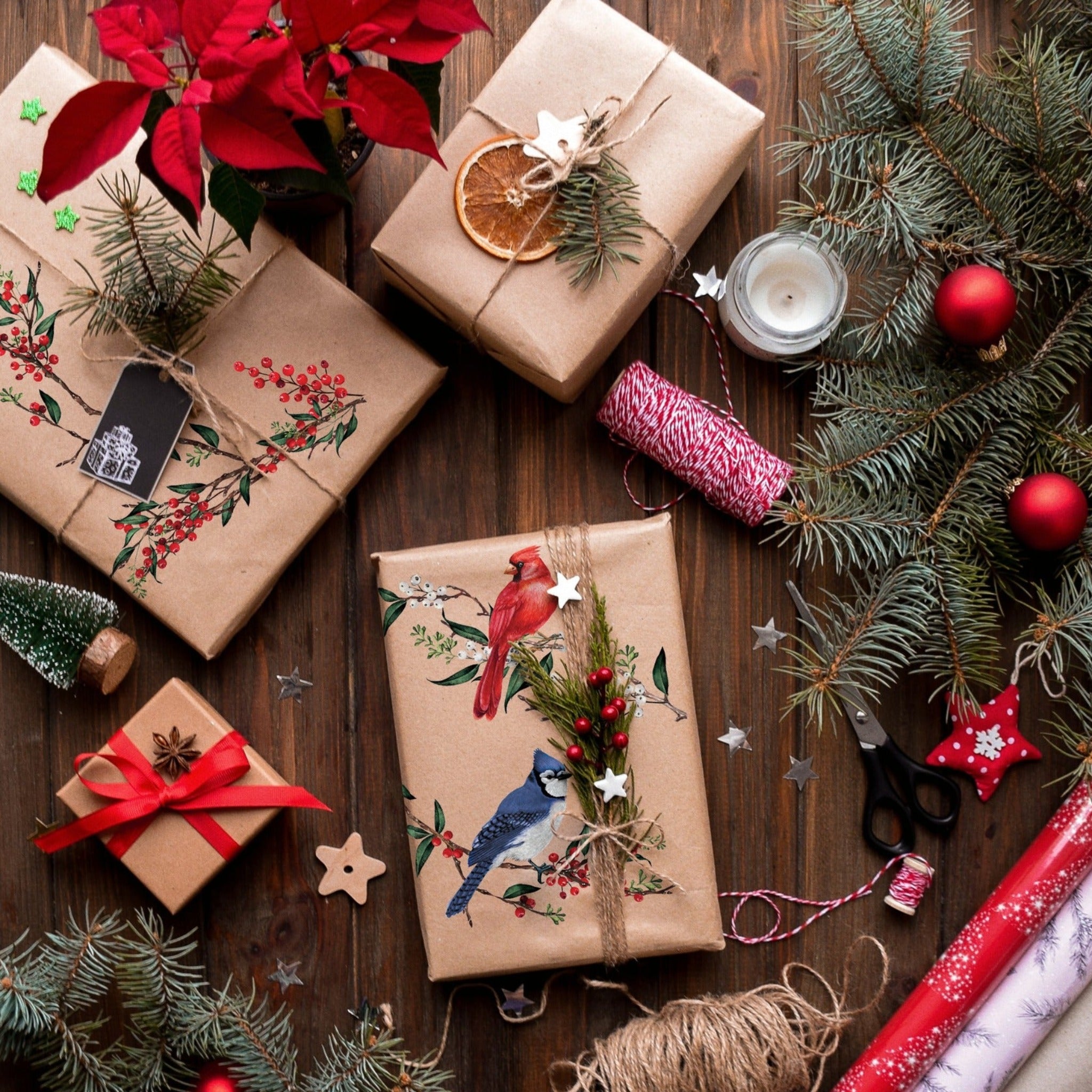 Brown paper wrapped gifts feature ReDeisign with Prima's Winterberry small transfer on them.