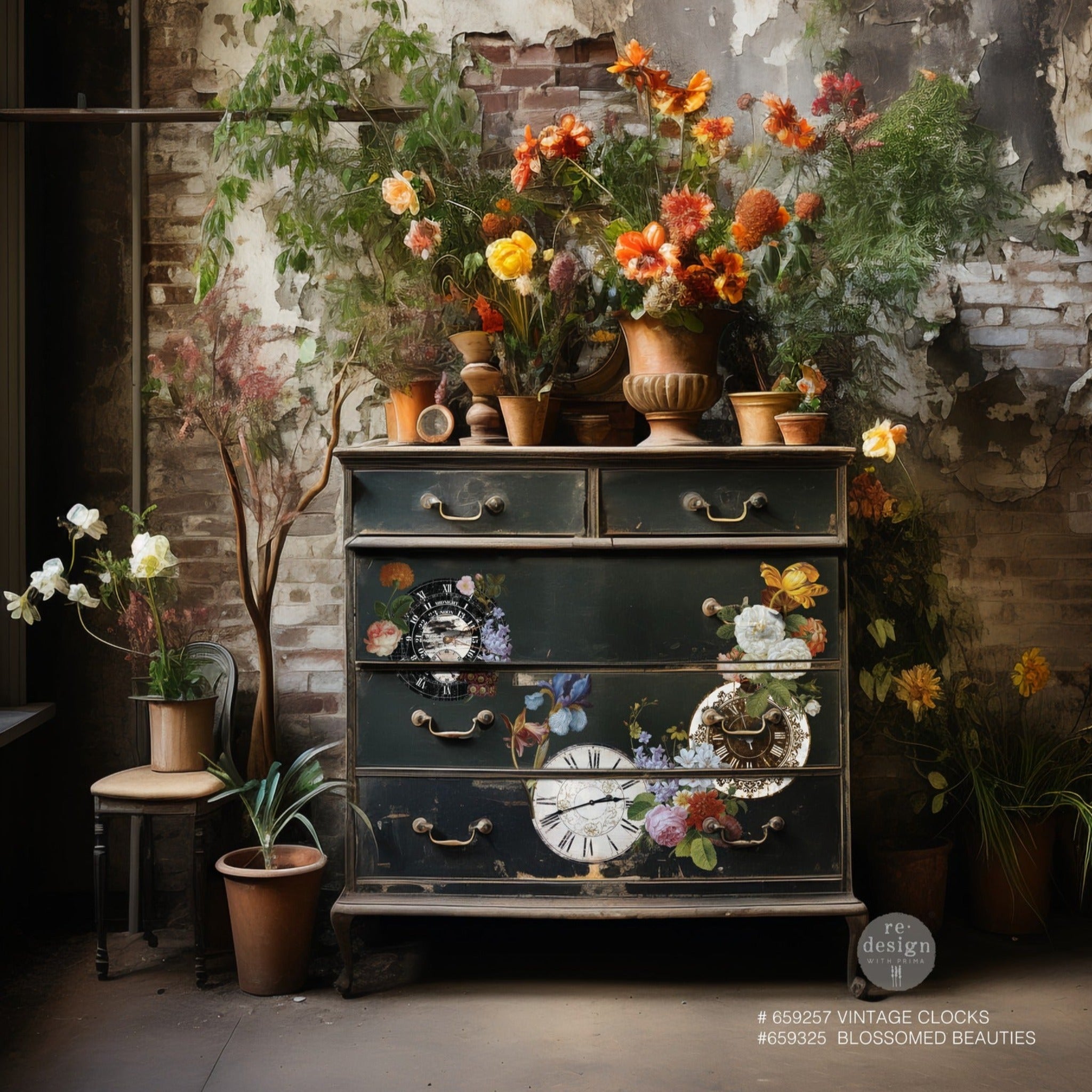 A vintage 5-drawer dresser is painted a weathered black and features ReDesign with Prima's Blossomed Beauties small transfer on the bottom 3 drawers along with ReDesign with Prima's Vintage Clocks transfer.