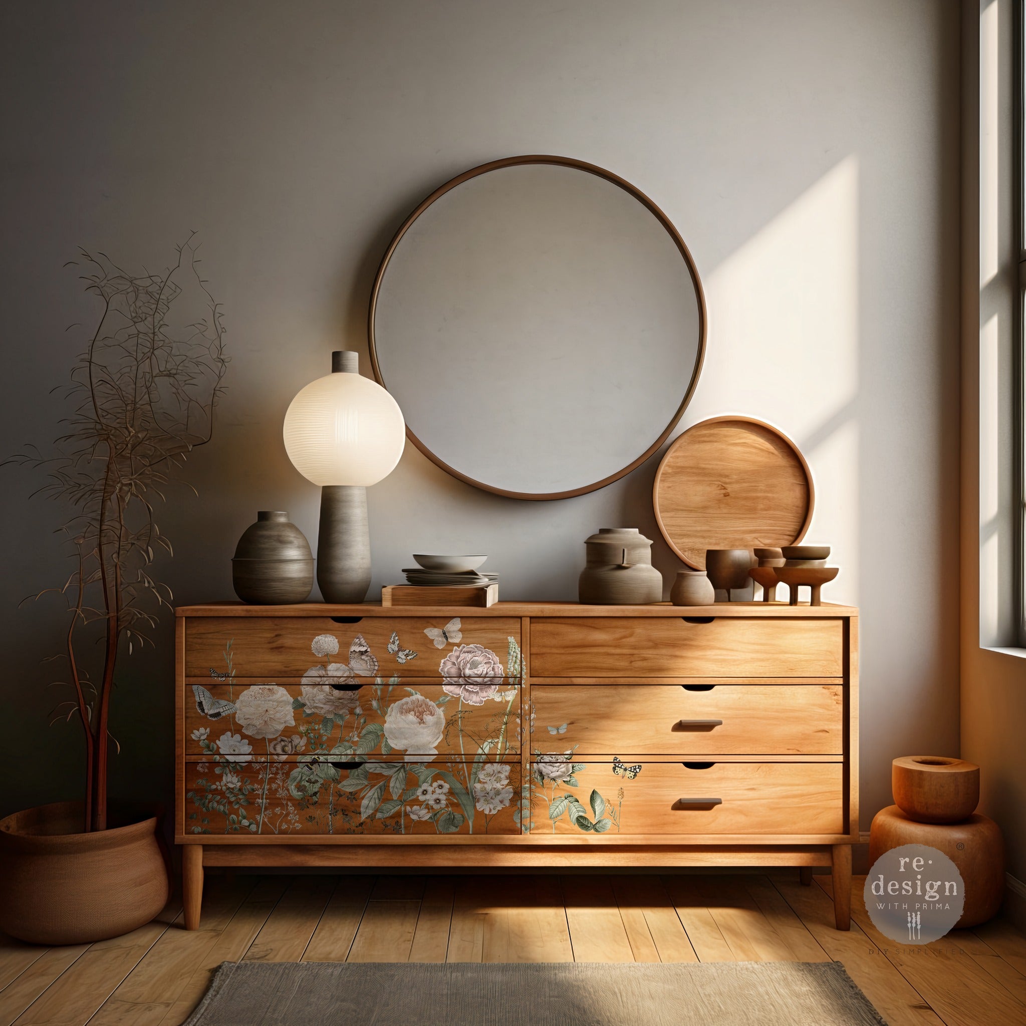 A 6-drawer natural wood dresser features ReDesign with Prima's All the Flowers transfer on its 3 left-side drawers.