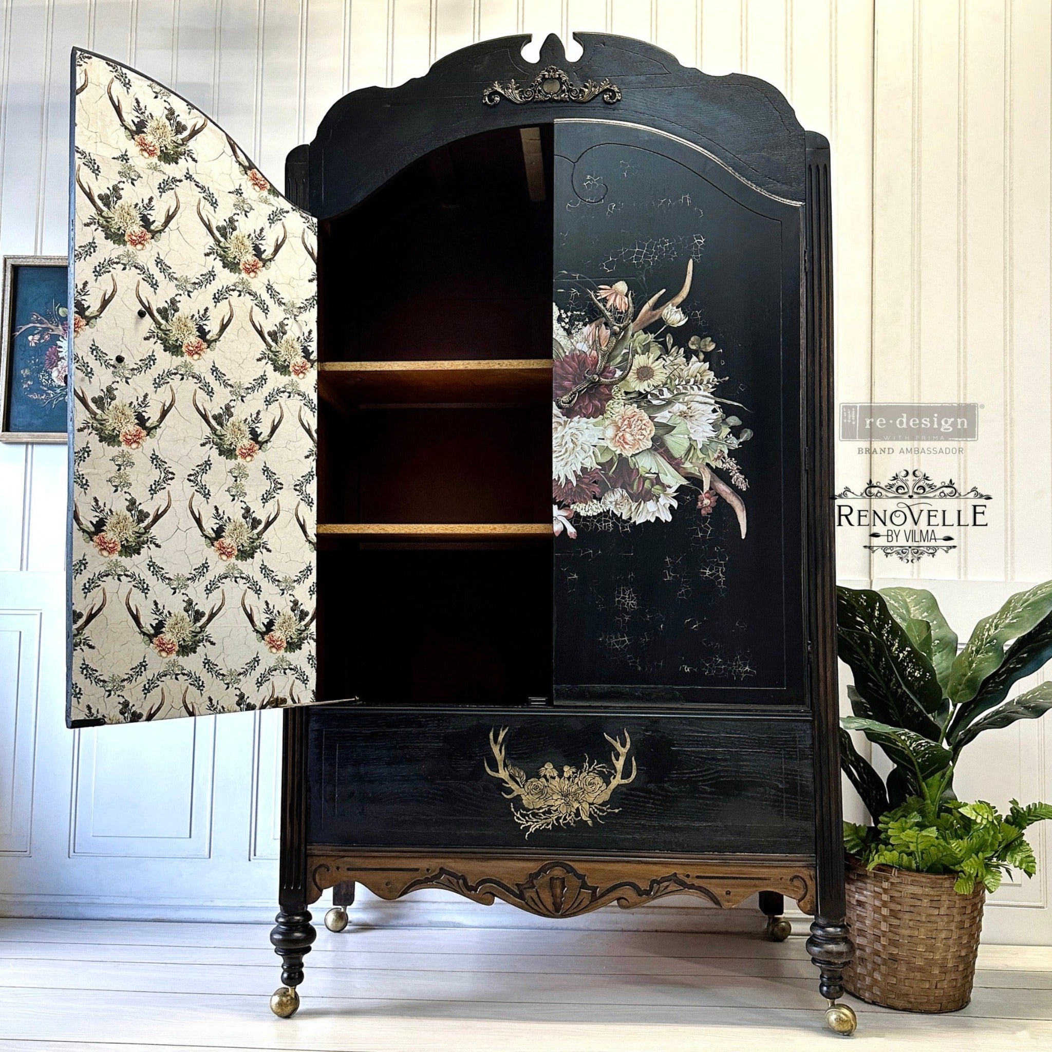 A vintage armoire refurbished by Renovelle by Vilma is painted black and features ReDesign with Prima's Cedar Creek tissue paper inside its doors.