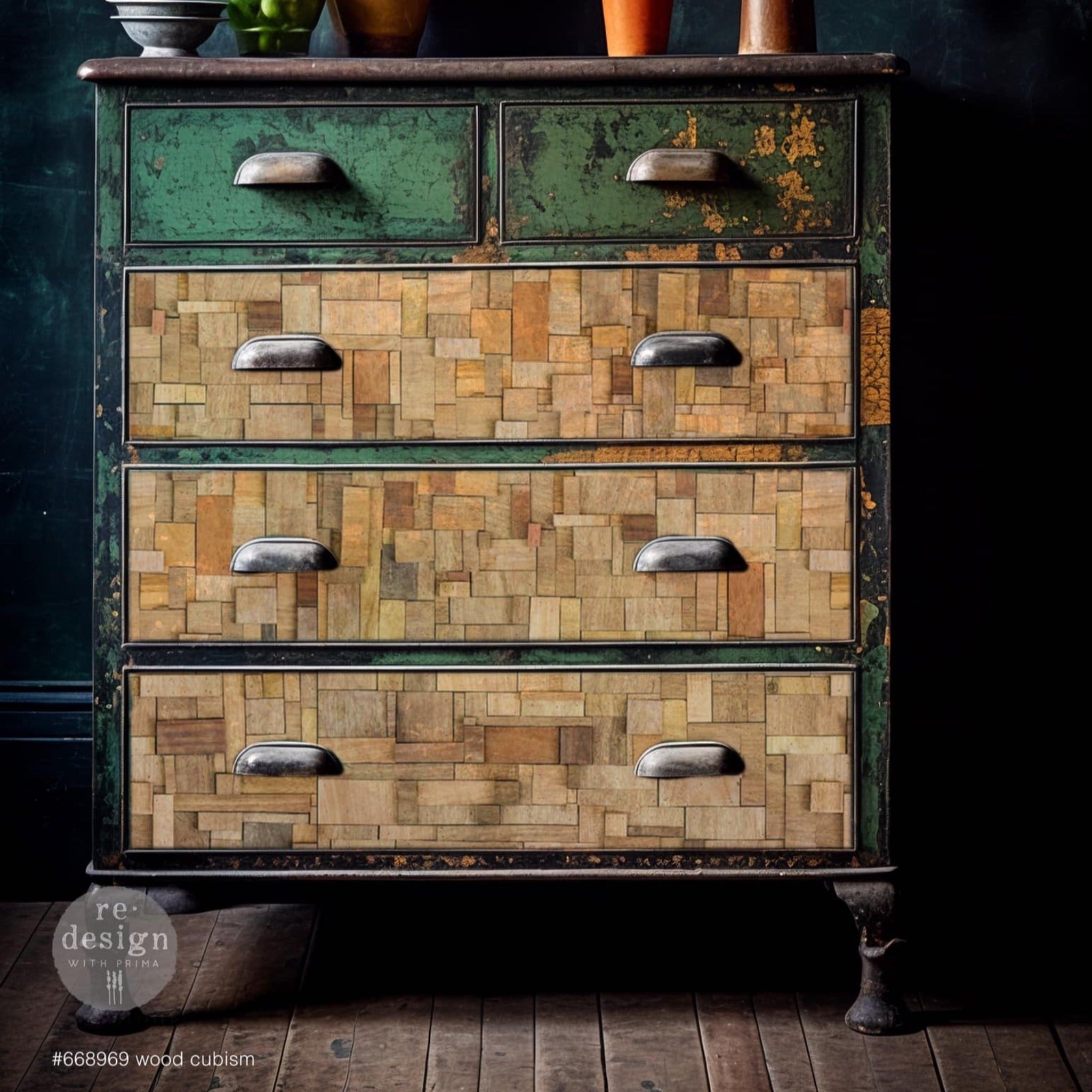 A vintage 5-drawer dresser is painted crackle navy blue with green and gold yellow and features ReDesign with Prima's Wood Cubism A1 fiber paper on its bottom 3 large drawers.