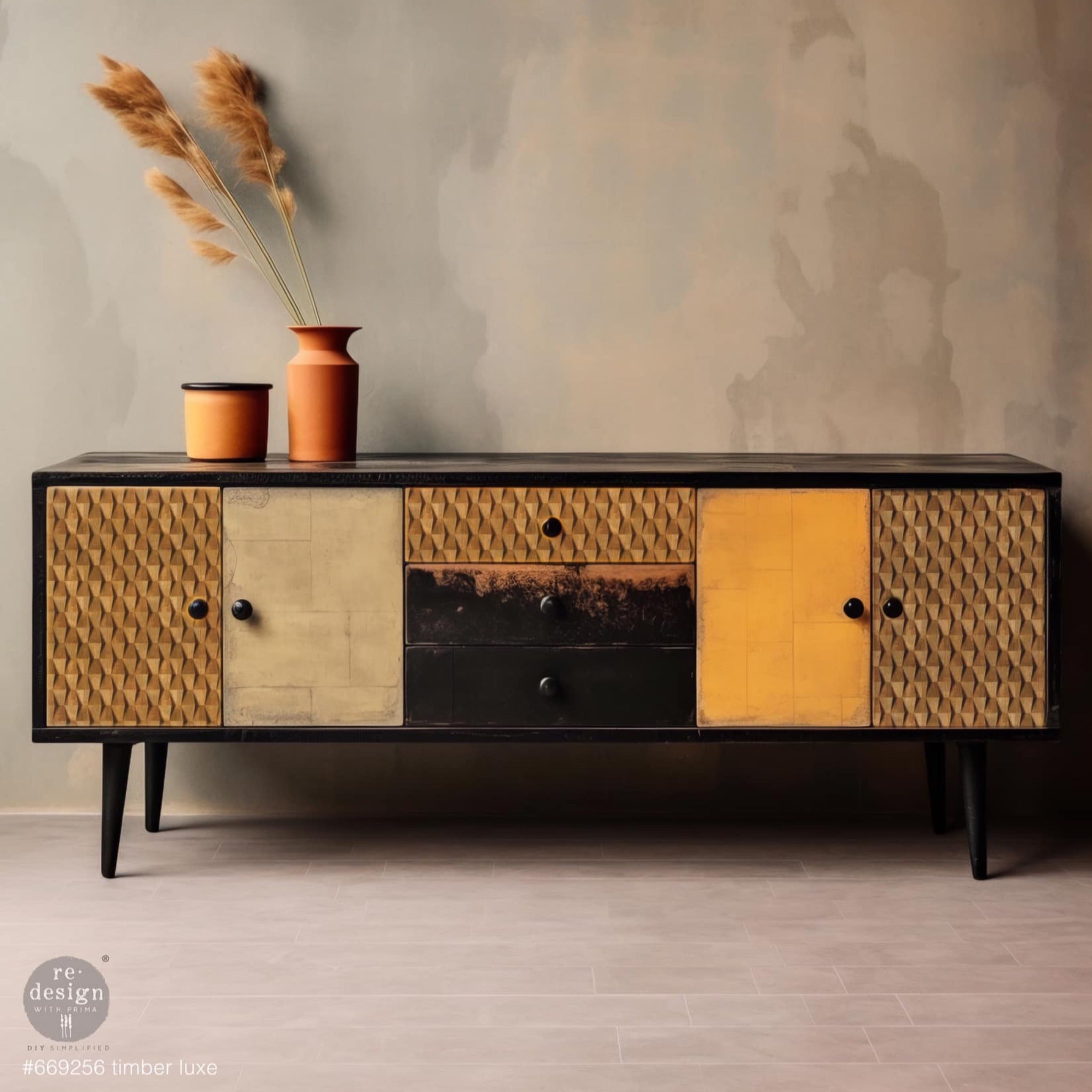 A mid-century TV console is painted black. Two doors and 1 drawer feature ReDesign with Prima's Timber Luxe A1 fiber paper on them. The other doors are painted 2 shades of amber yellow and the rest of the drawers are black.