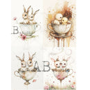 4 designs of cuter Easter animals in tea cups.
