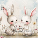Closeup of two blushing watercolor bunnies facing each other with wildflowers on Sweet Bunny Pair A4 rice decoupage paper