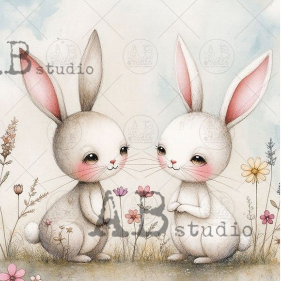 Closeup of two blushing watercolor bunnies facing each other with wildflowers on Sweet Bunny Pair A4 rice decoupage paper
