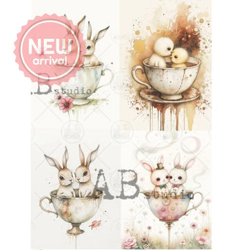 55 Cartoons - Spring Teacup Animals Decoupage Paper (A4 Size) Decoupage Paper