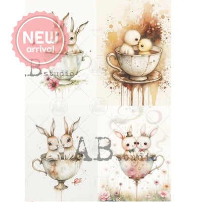 55 Cartoons - Spring Teacup Animals Decoupage Paper (A4 Size) Decoupage Paper