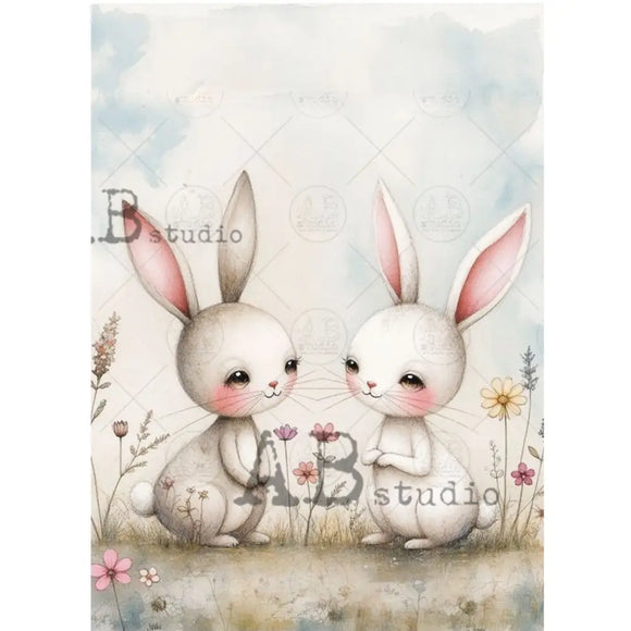 55 Cartoons - Sweet Bunny Pair Decoupage Paper (A4 Size) Decoupage Paper