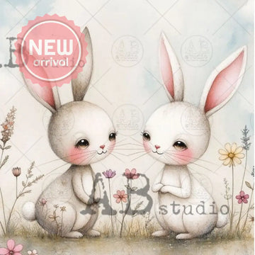 55 Cartoons - Sweet Bunny Pair Decoupage Paper (A4 Size) Decoupage Paper