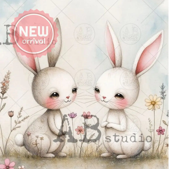 55 Cartoons - Sweet Bunny Pair Decoupage Paper (A4 Size) Decoupage Paper