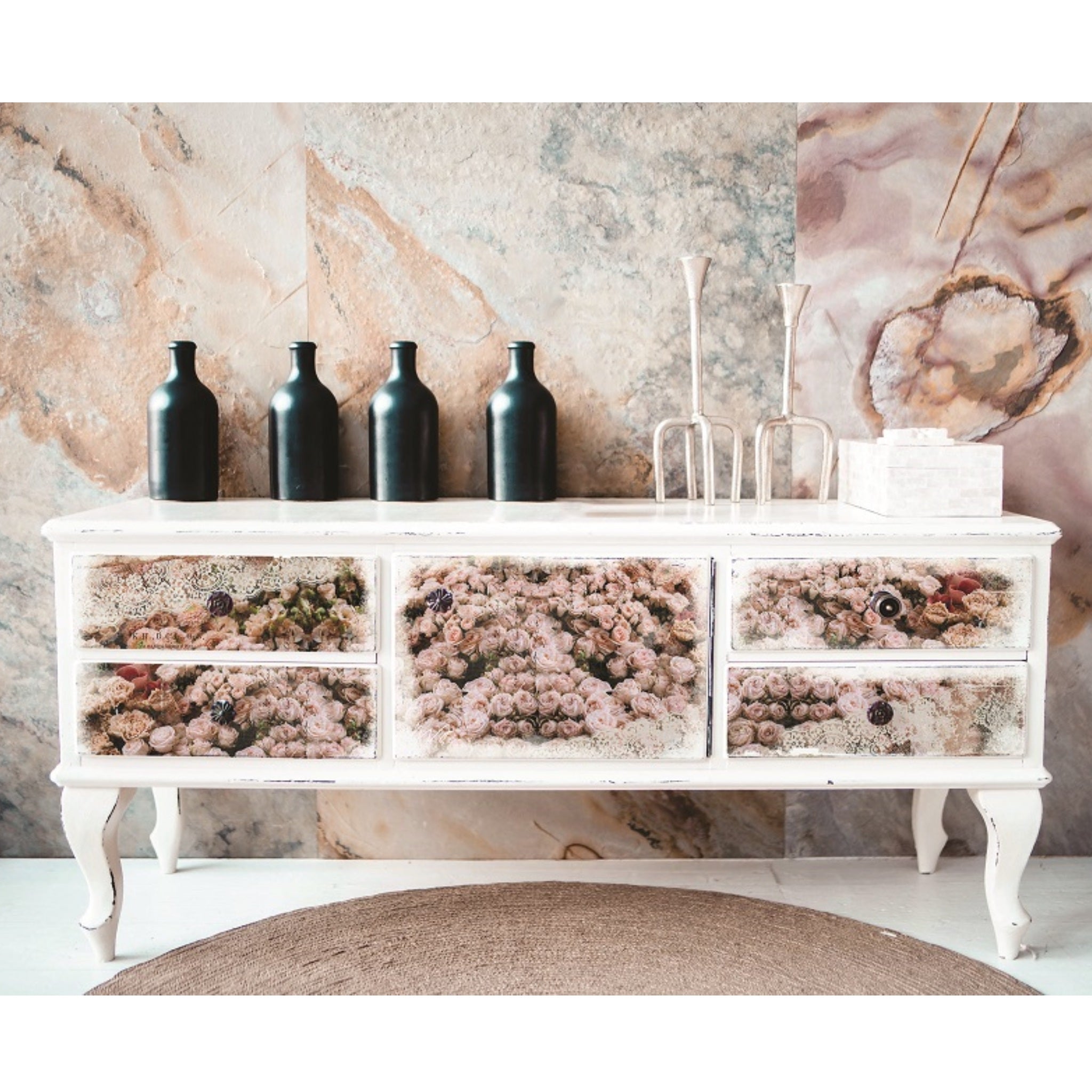 A vintage buffet table is painted white and features ReDesign with Prima's Beautiful Dream tissue paper on its 4 drawers and 1 center door.