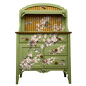 A vintage hutch-top console table is painted Spring green and features ReDesign with Prima's Blossom Botanica transfer on it.