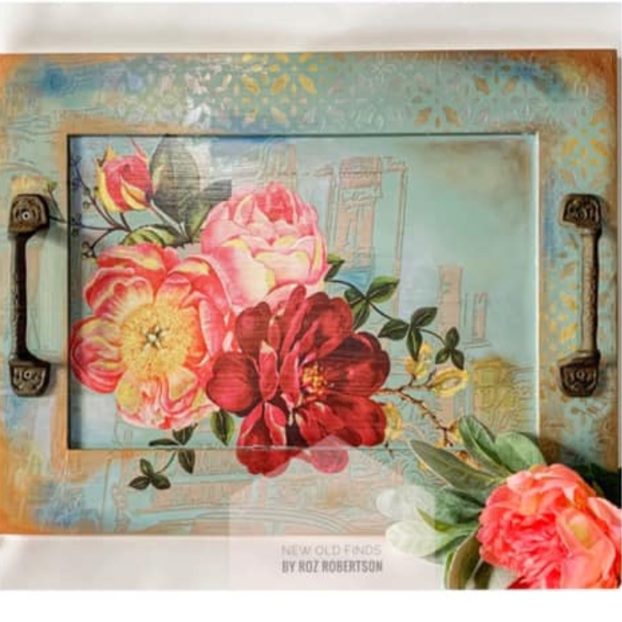 A wood photo frame turned into a serving tray refurbished by New Old Finds by Roz Robertson is painted a patina blend and features ReDesign with Prima's Royal Burgundy transfer on it..