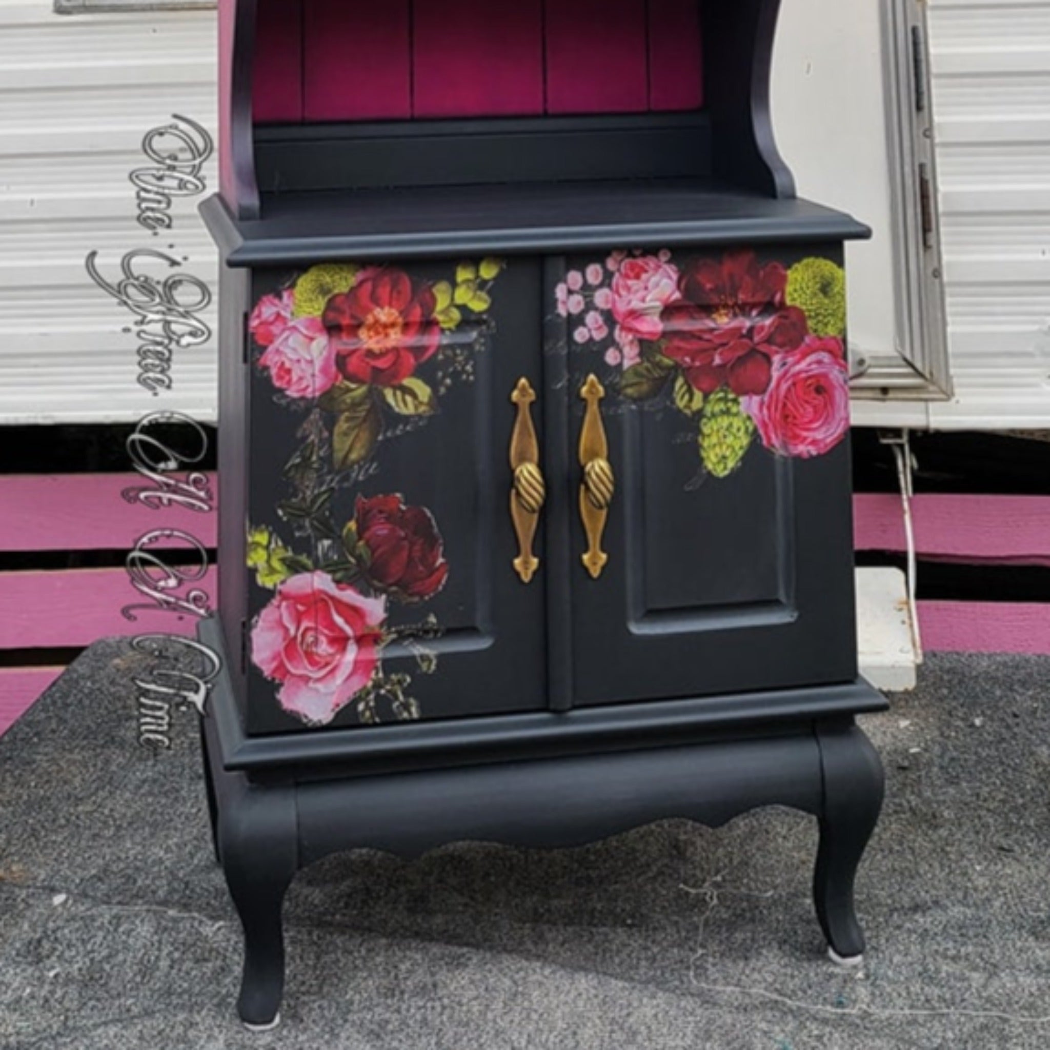A vintage French Provencial hutch refurbished by One Piece At A Time is painted black and deep pink and features ReDesign with Prima's Royal Burgundy transfer on its bottom 2 doors.