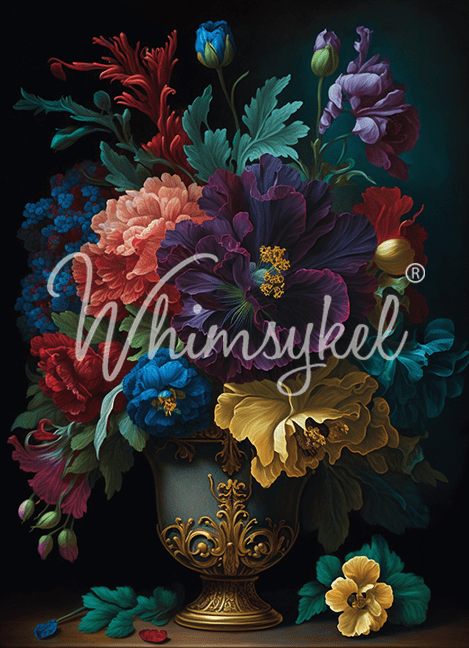 Colorful floral arrangement in a decorative vase with 'Whimsykel' branding.