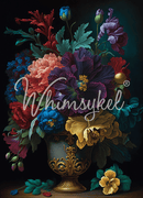 Colorful floral arrangement in a decorative vase with 'Whimsykel' branding.