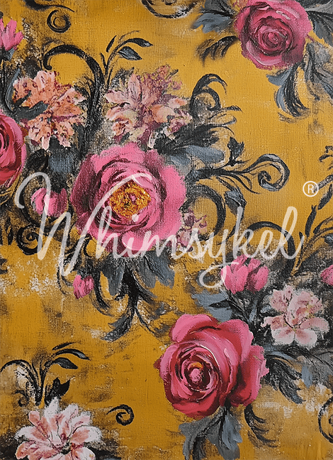 Floral pattern with pink and black flowers on a yellow background, featuring the brand 'Whimsyed'.