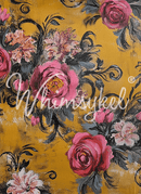 Floral pattern with pink and black flowers on a yellow background, featuring the brand 'Whimsyed'.