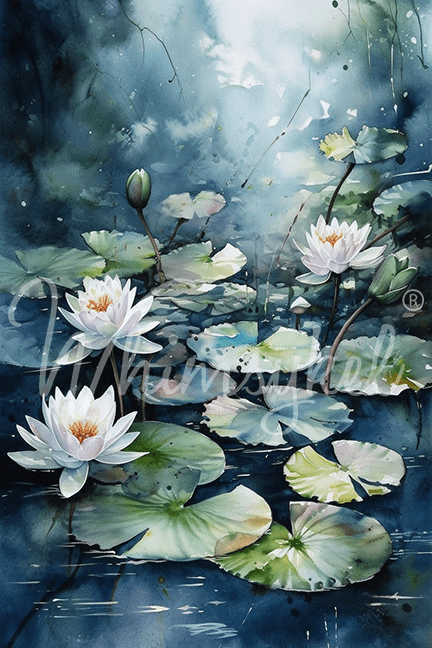 Whimsykel - Blue Waterlillies Decoupage Paper (21x29 Size)