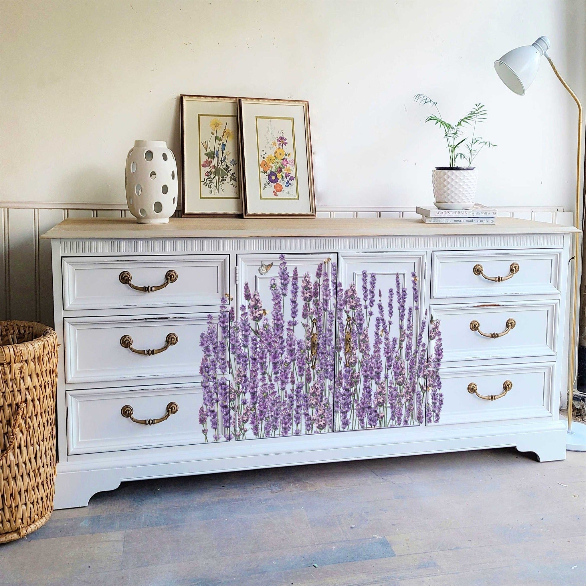 A vintage buffet table is painted light grey and features ReDesign with Prima's Champs de Lavende transfer on the front center.