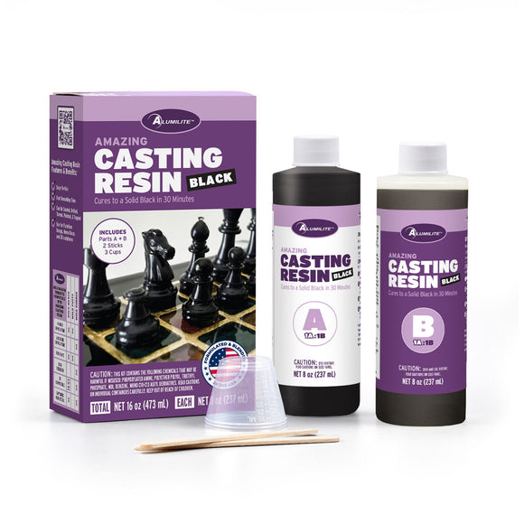 Alumilite Amazing Casting Resin Black Kit – 16 oz total. Includes Part A and Part B (8 oz each), 2 mixing sticks, 3 cups. Fast-curing black resin for molds and casting, solid black in 30 minutes.