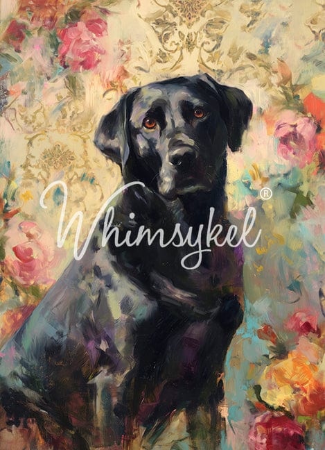 Artistic depiction of a black dog with floral and decorative background, featuring the brand 'Whimsykel'.