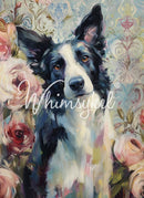 Colorful painting of a dog with floral elements and 'Whimsical' branding.