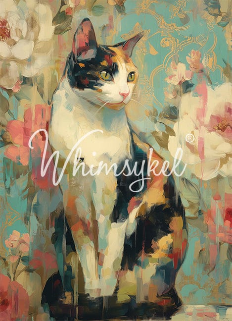 Colorful painting of a cat with floral background and 'Whimsykel' branding.