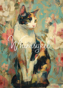 Colorful painting of a cat with floral background and 'Whimsykel' branding.