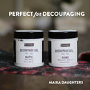 Re-Design with Prima Decoupage Gel in matte and shine finishes, shown on a work surface with Perfect for Decoupaging text.
